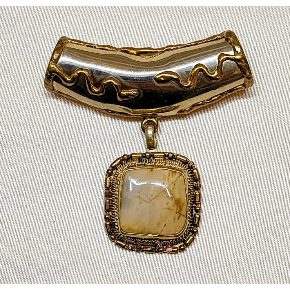 Vintage Nickle With Bronze Snakes Scarf Necklace W/ Semi Precious Stone Pendant